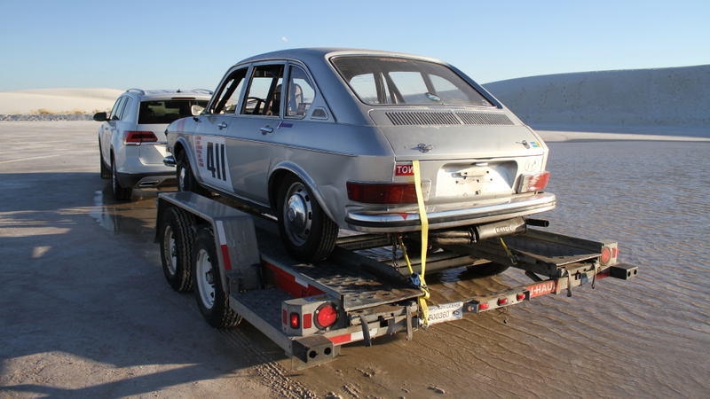 The 411 race car was hanging in there, although it did leave a big mess on the trailer thanks to our overheating issues.